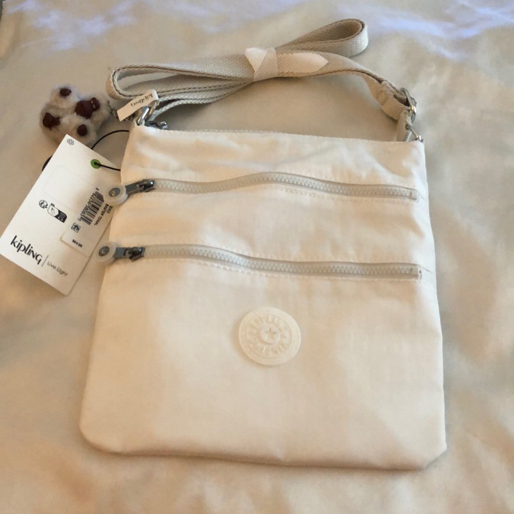 Kipling Keiko Alabaster Tonal Nylon Crossbody Bag + Monkey Key Chain Nwt
